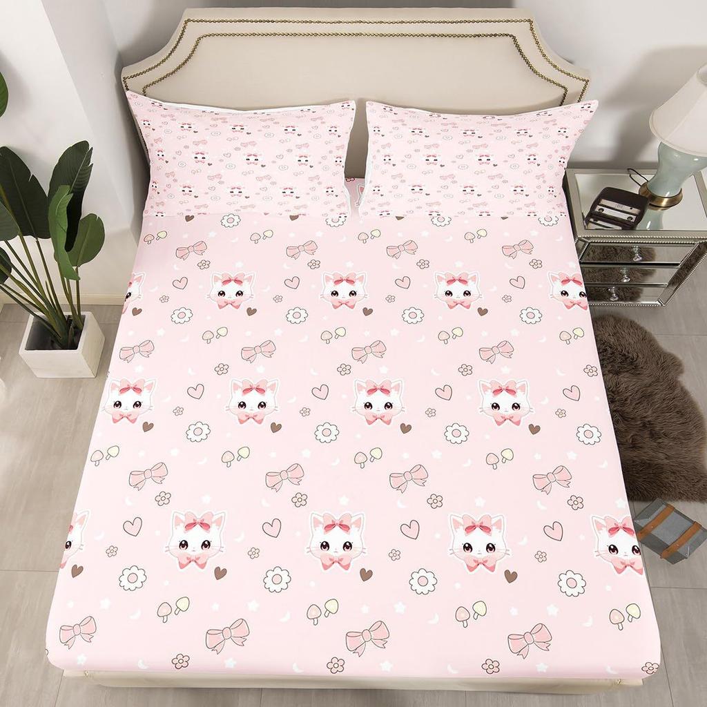 Cute Animal Cartoon Cat Pattern Bed Hat Four-Piece Bedding Set Bedroom Dormitory Bedding Decoration