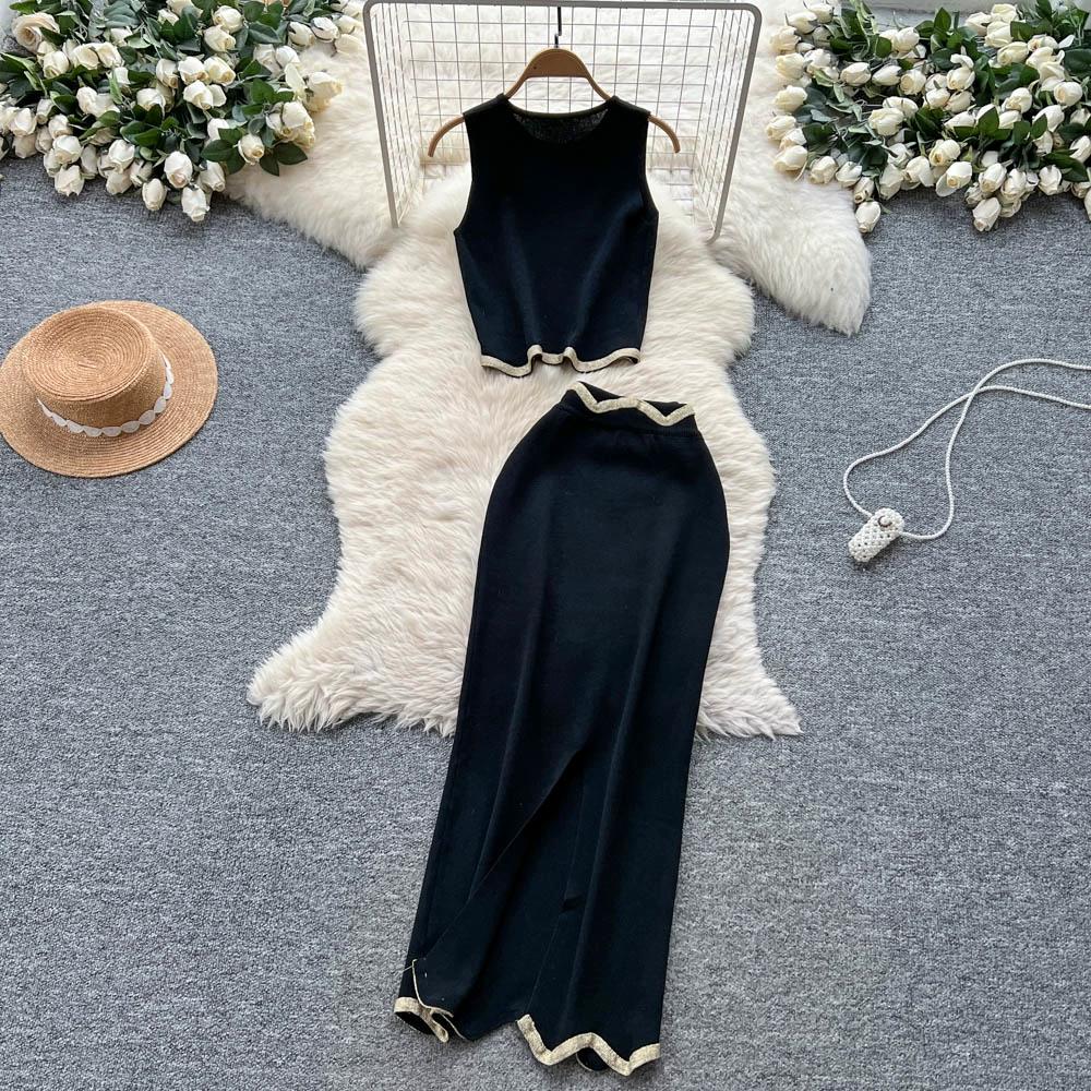 Summer Women Designer Black Knitted Sweater Two Piece Set Short Tank Pullover Top and Long Maxi Sheath Skirt Suit