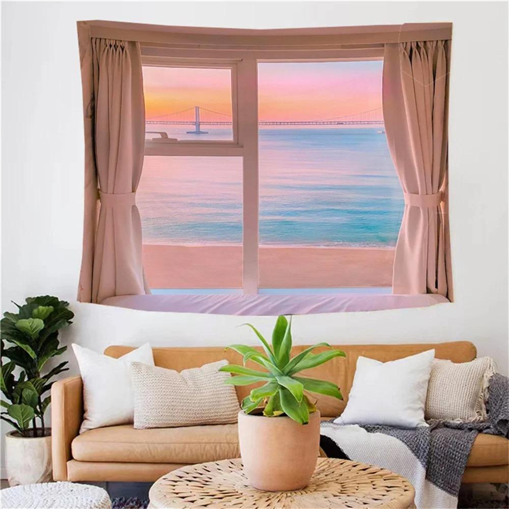 Fashion Home Decoration Tapestry Window Landscape Natural Ocean Pattern Bedroom Living Room Tapestry