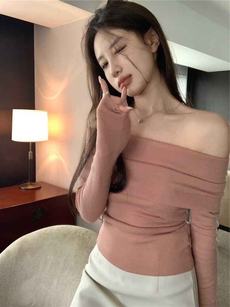 Women's Apricot One-Shoulder Knit Sweater: Soft, Long-Sleeve, Sexy Off-Shoulder Top for Autumn.