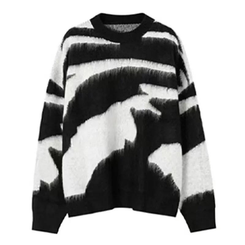 Gothic Women's Sweater Mohair Black and White Mosaic Knitted Pullover Loose and Soft Jumper High Street Autumn Winter Casual Top
