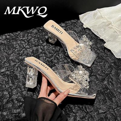 Прозрачные 2025 лето новые сандалии стразы бант высокий каблук с юбкой толстый каблук мода верхняя одежда крутые шлепанцы женские