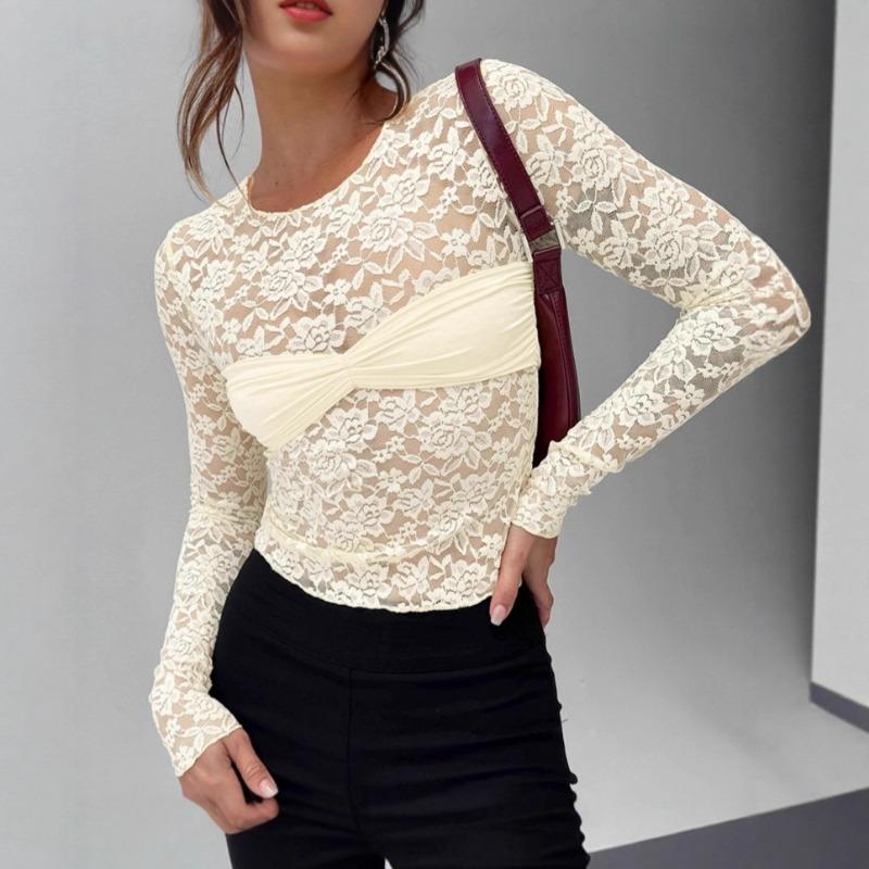 Women S Lace Fake Two Piece Long Sleeve T Shirt Elegant Inner Wear