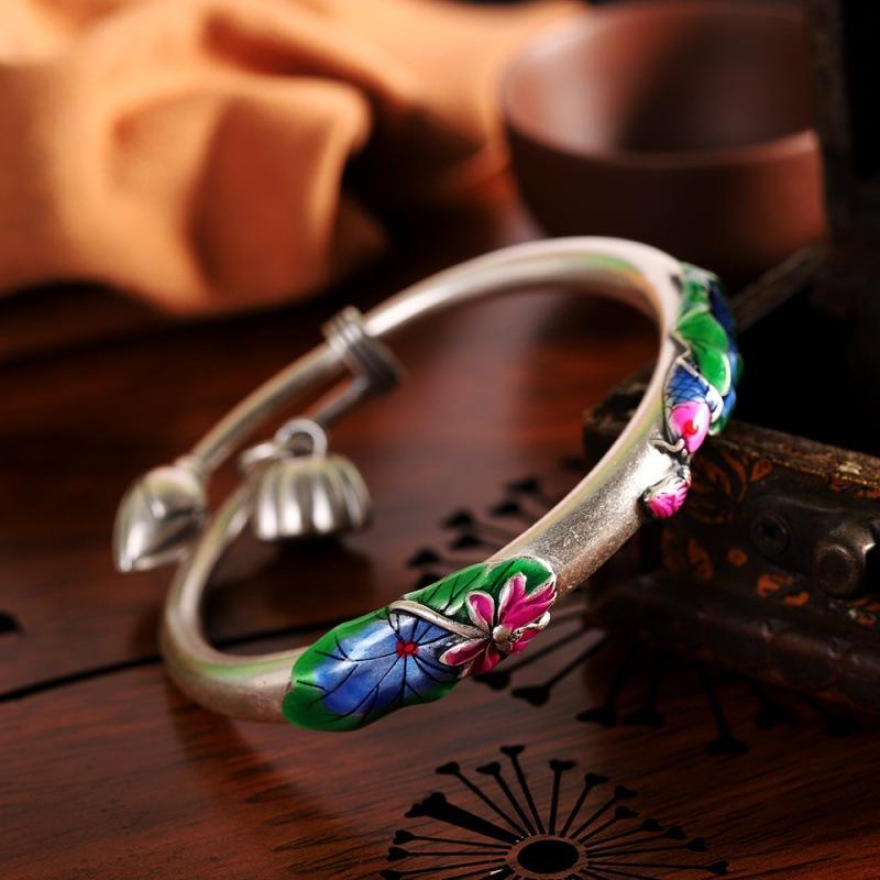 Zuyin 990 Enamel Colored Lotus Fish Koi Lotus Little Fish Lotus Peng Retro Drip Glue Burnt Blue Bracelet