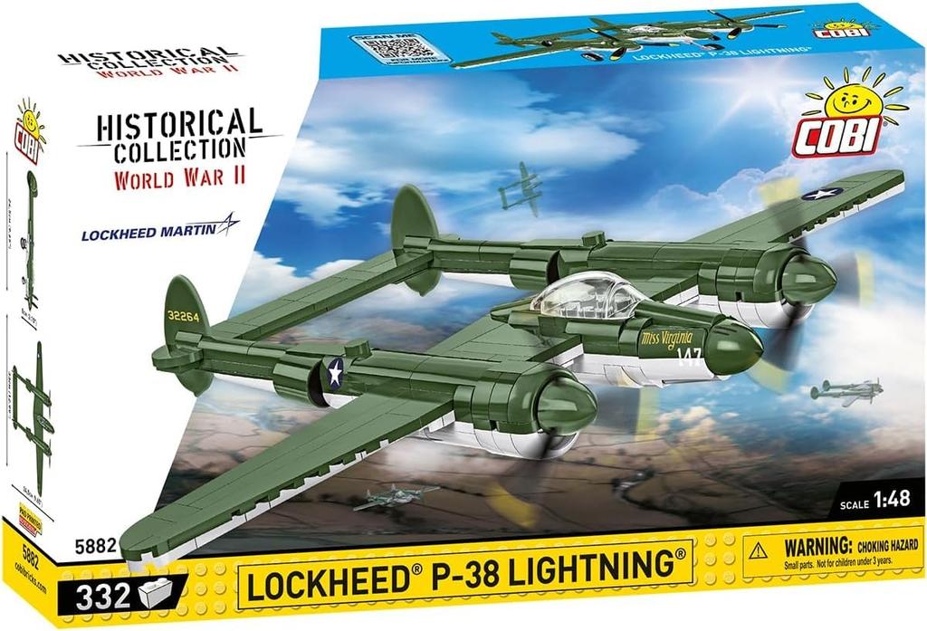 COBI Blocks США. Модель самолета P-38 Lightning ВВС Lockheed Масштаб 1:48 Набор из 332 деталей (Номер продукта 5882) [СДЕЛАНО В ЕС]