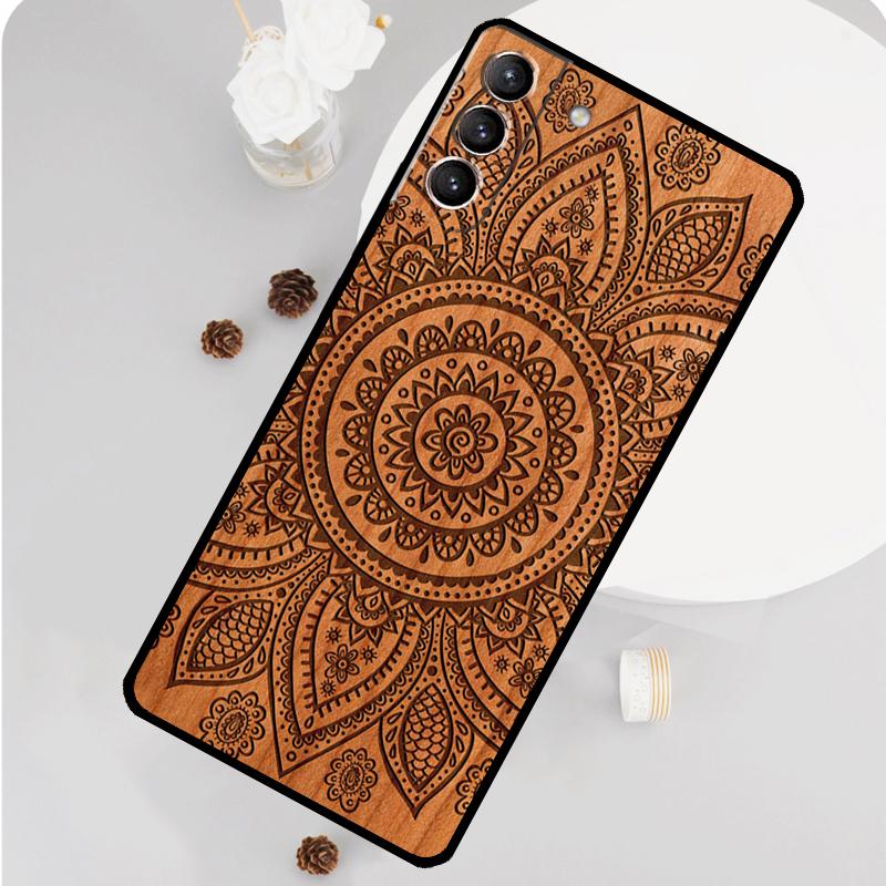 Mandala Floral Wood Phone Case For Samsung Galaxy S25 S26 Ultra S20 S21 S22 S23 S24 S10 Plus S25 FE Funda Cover