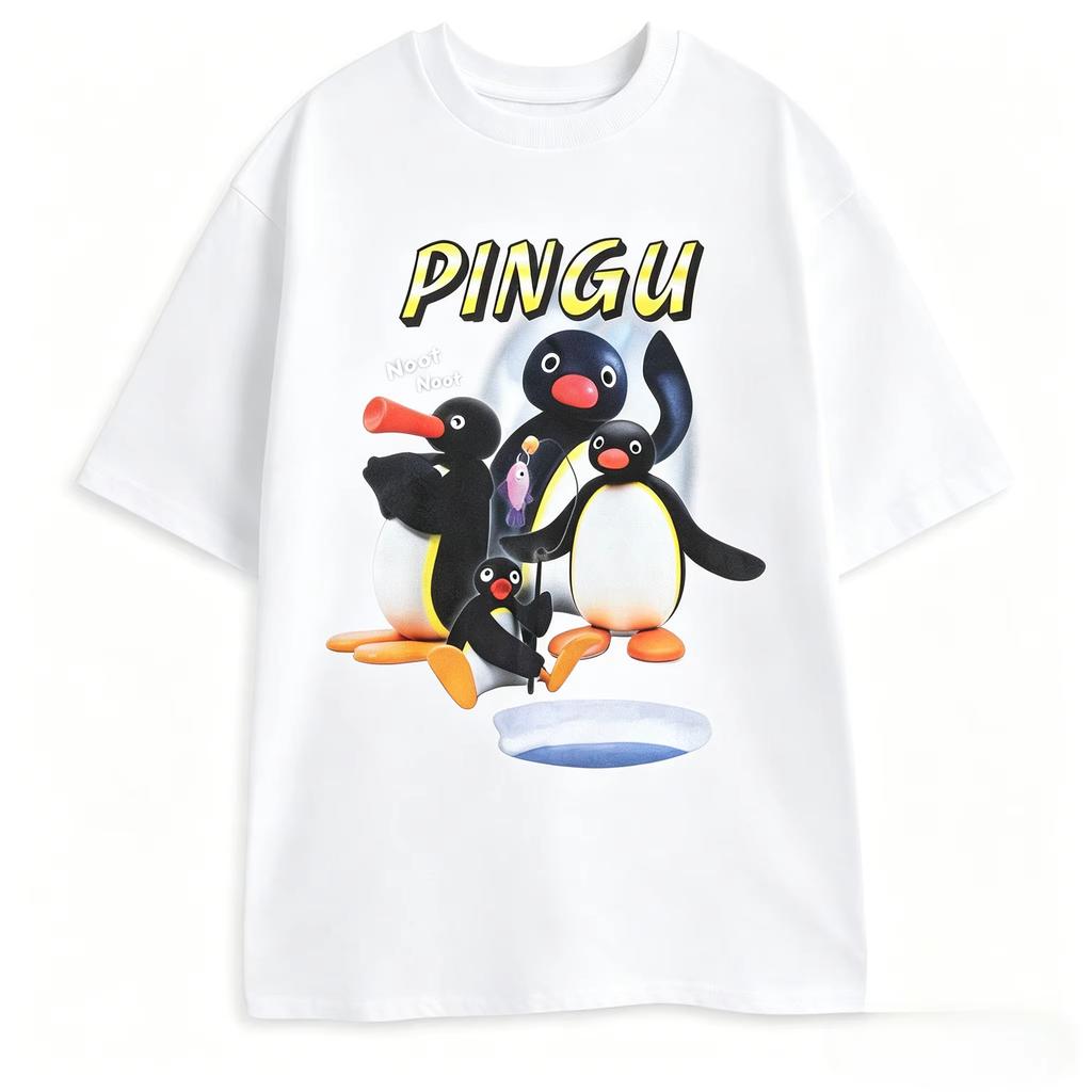 Pingu Noot Noot Graphic Tee Penguin Character Cartoon Print Vintage Washed Cotton Loose Oversized Casual Streetwear Tops For Men Women