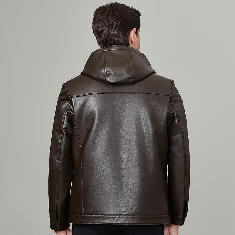 Мужское пальто из натуральной кожи осенне-зимнее с капюшоном, утолщенное бархатное теплое пальто, кожаная куртка для мужчин