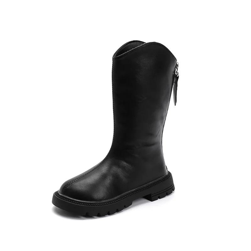 2024 New Children's Fashion Boots Solid Color Simple Girls Causal Long Boots Versatile Black Brown Kids Princess Leather Boots