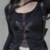 2KWEIRD Gothic Butterfly Print T-shirt Grunge Fairycore Hollow Out Crop Tops Japanese Harajuku Slim Tshirt Y2k Aesthetics Dark