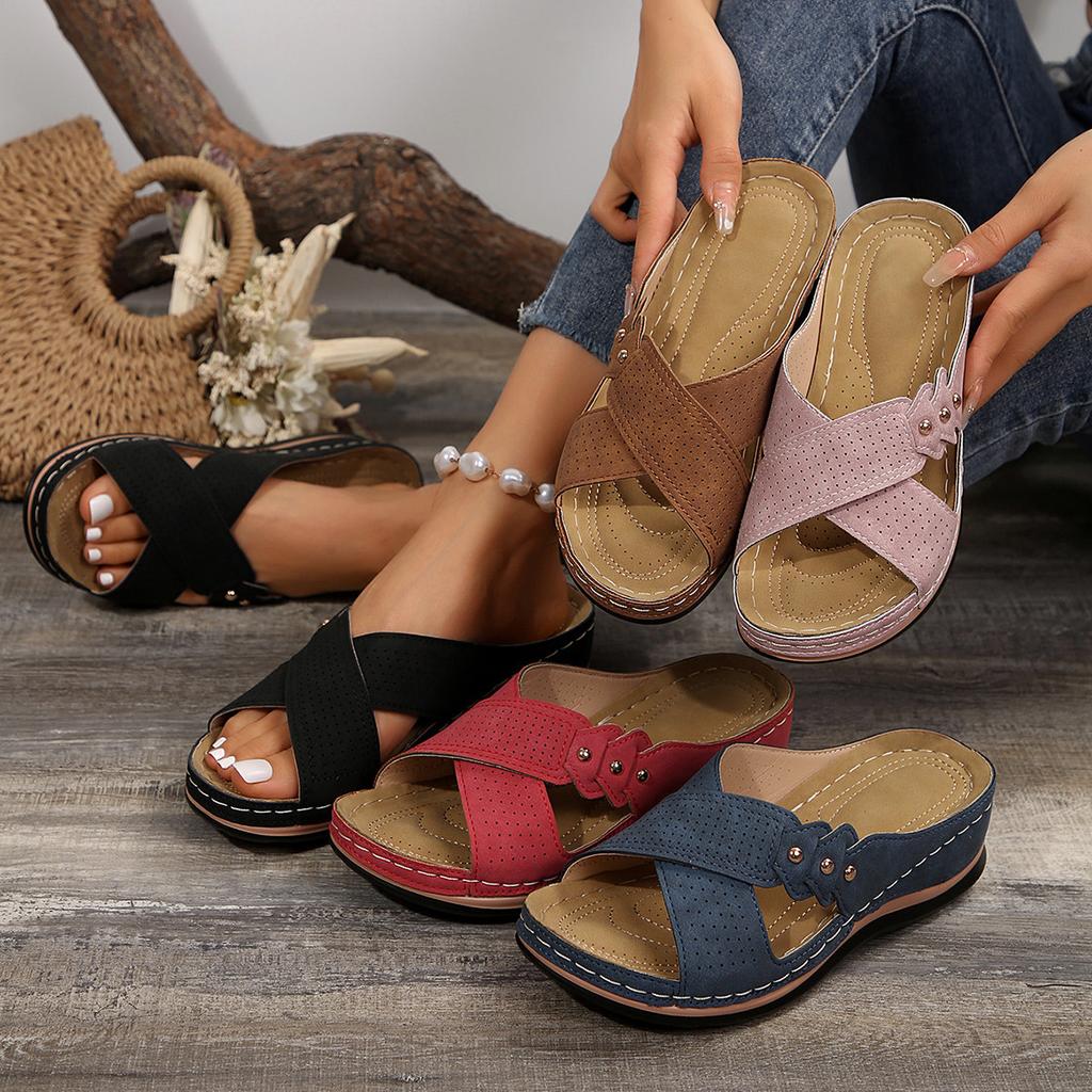 2024 New Foreign Trade Summer Ladies Thick Bottom Slope Heel Slippers Large Size Casual Cross with Fish Mouth Slippers Women