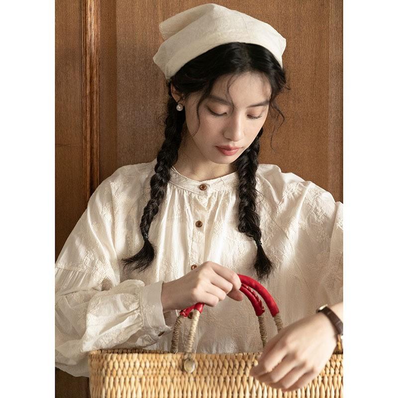 Johnature Весенняя рубашка Mori Vintage с круглым вырезом и вышивкой, свободная, с длинным рукавом, женская, повседневная, жаккардовая, топы