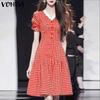 VONDA Women Stitching V Neck Short Sleeve Plaid Print Casual Pleated Dress