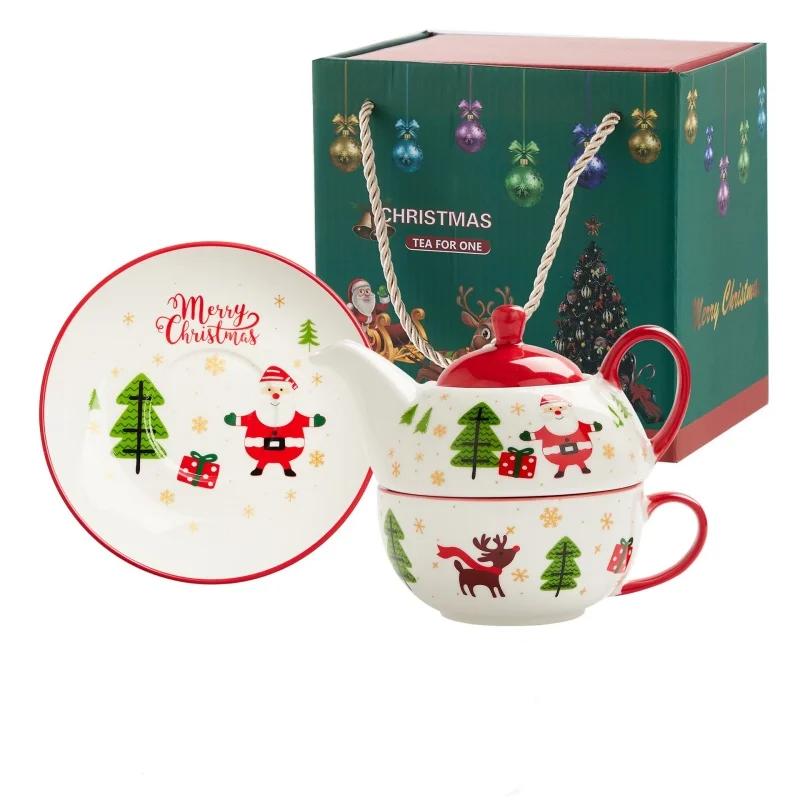 420ml Christmas Ceramic Gold-plated Teapot Cup and Saucer Set with Christmas Graffiti Coffee Flower Tea Set Christmas Gift