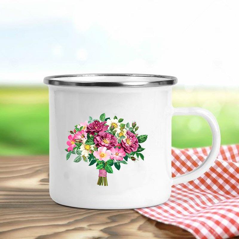 Цветочный принт ретро эмалированные кружки креативные кофейные чашки летние напитки для пикника на свежем воздухе сок молоко походные кружки ручка посуда для питья подарки
