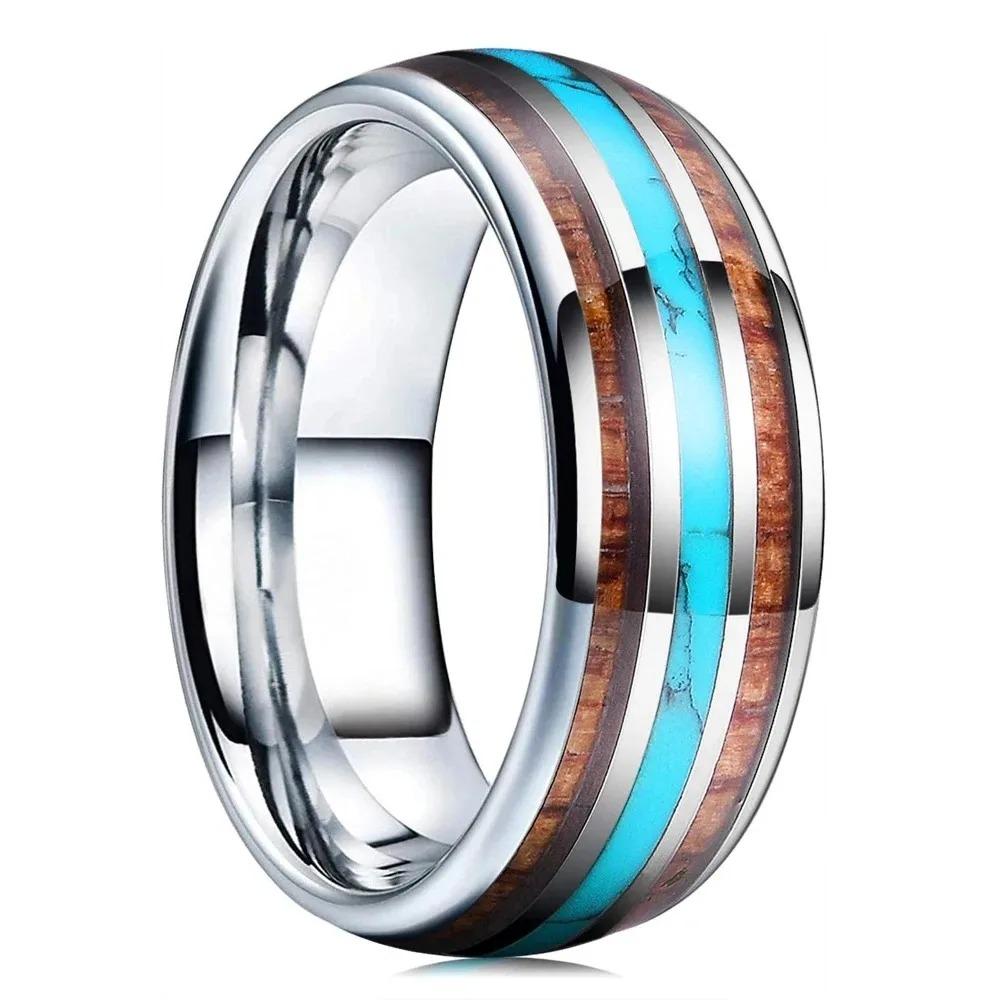 Fashion Men Stainless Steel Rings, 8mm Cyberpunk Rainbow Aurora Grain Inlay Rings for Men High Polished Wedding Bands Jewelry