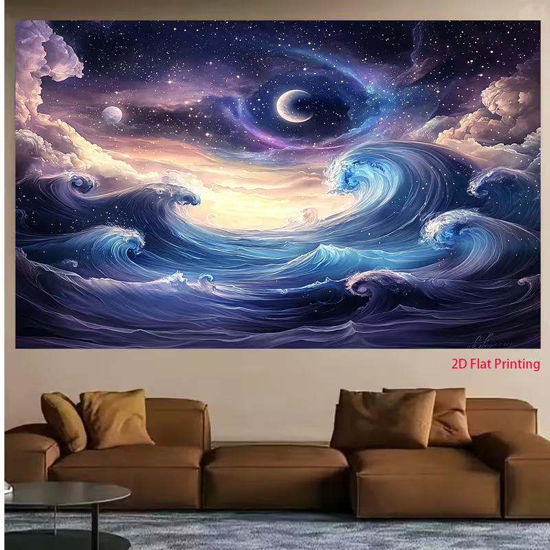 2D Fantasy Ocean Wave Backdrop Purple Starry Sky Moon Photo Background