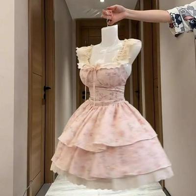 Детское платье с цветочным принтом, летнее, нежное, с рукавами-крылышками, платье-торт в стиле принцессы, пышная юбка и талия.