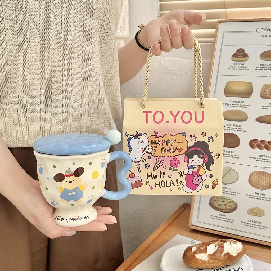 Милая мультяшная кружка для воды с принтом в горошек и щенками, керамическая кружка высокой ценности с крышкой и ложкой, в подарок девочкам на день рождения