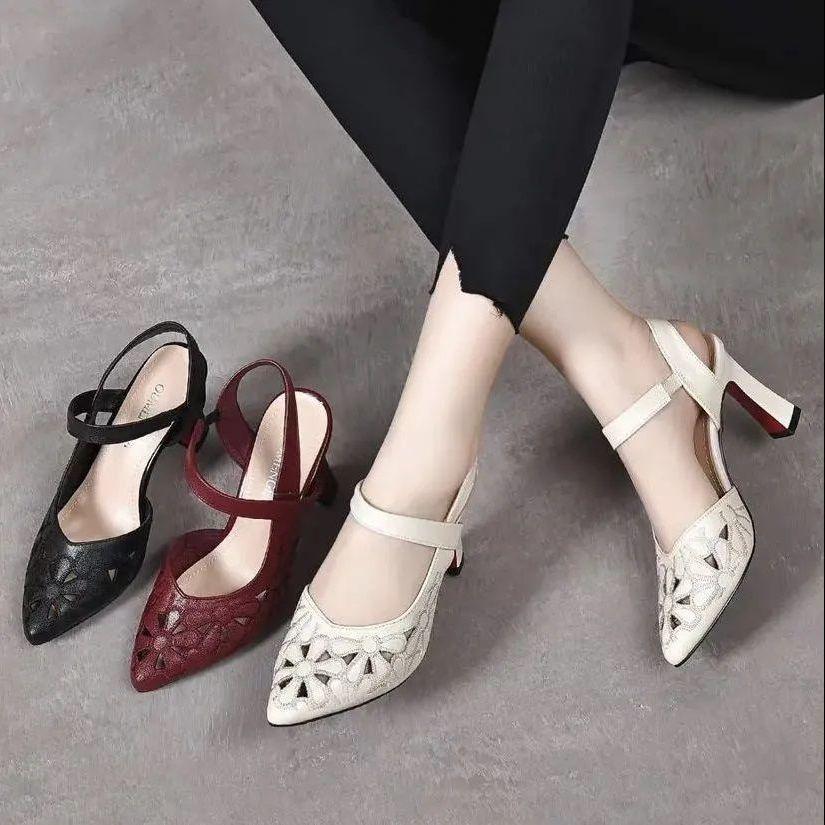 Fashion Red for Office Work Chunky Summer 2024 Pumps Thick Heel Heeled High Heels Footwear Ladies Shoes Block White Sandals Women H Sale