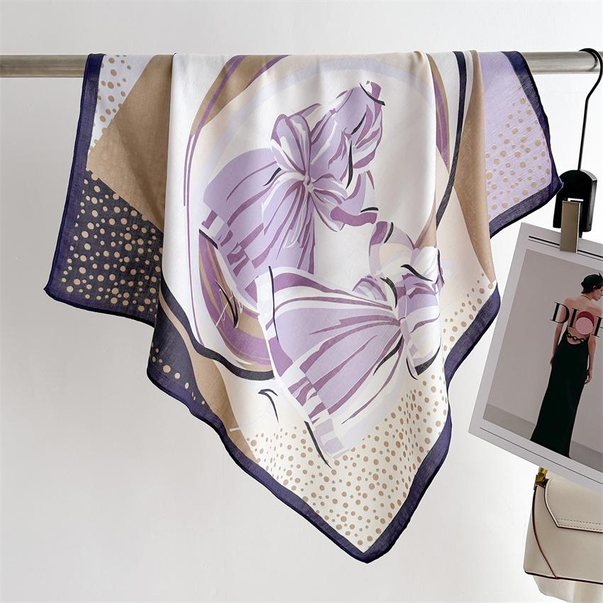 Purple Bow Scarf Neck Scarf 65 × 65Cm Thin French Polka Dot Cotton And Linen Velvet Scarf Women