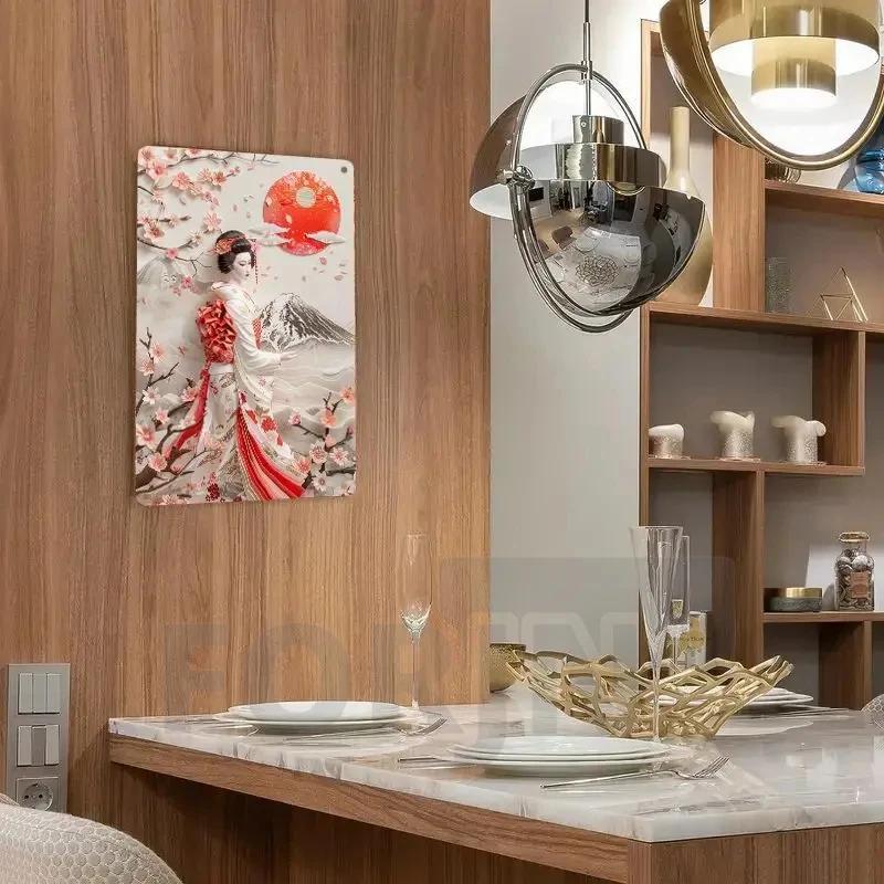 Японская гейша кимоно металлический знак, 2D элегантный японский постер с цветущей вишней, для дома, комнаты, офиса, идзакая, кафе, студии настенный декор