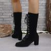 Winter Shoes for Female Front Lace-up Women's Mid-Calf Boots Square Heel High Heel Women's Shoes Cross-tied Ladies Boots