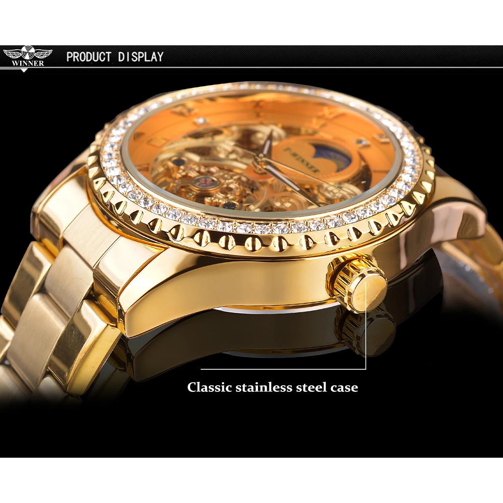 Gold Wristwatches Moon Phase Design Luxury Retro Style Diamond Mechanical Watch Stainless Steel Bracelet Skeleton Tourbillon Men Automatic Watches