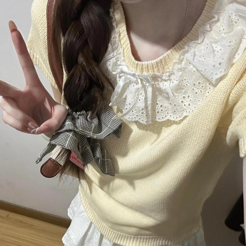 Женская летняя рубашка с короткими рукавами и кружевным бантом во французском стиле