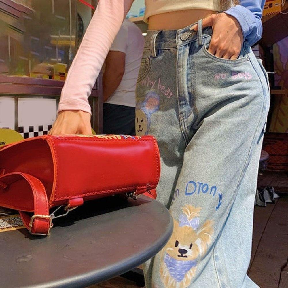 Прямые джинсовые брюки Ins Милые мультяшные ковбойские штаны Джинсы Харадзюку Женские Y2K Весна Осень