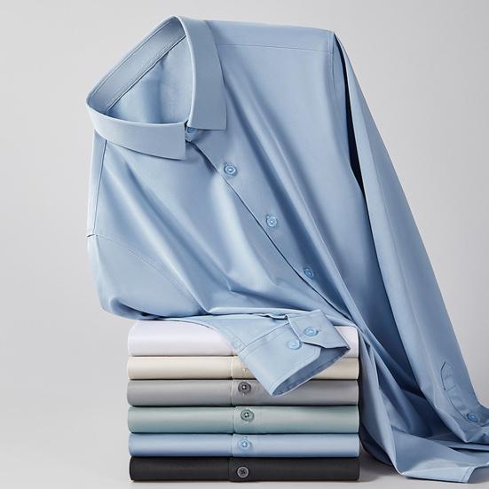 Мужская рубашка весна-осень с отложным воротником, облегающая, эластичная, однобортная, с длинными рукавами, однотонная, средней длины, для деловых мероприятий, офиса