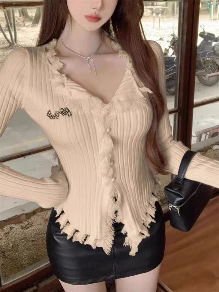 Women's Irregular Bodycon Knit Sweater - 2025 Spring/Autumn Long Sleeve Top