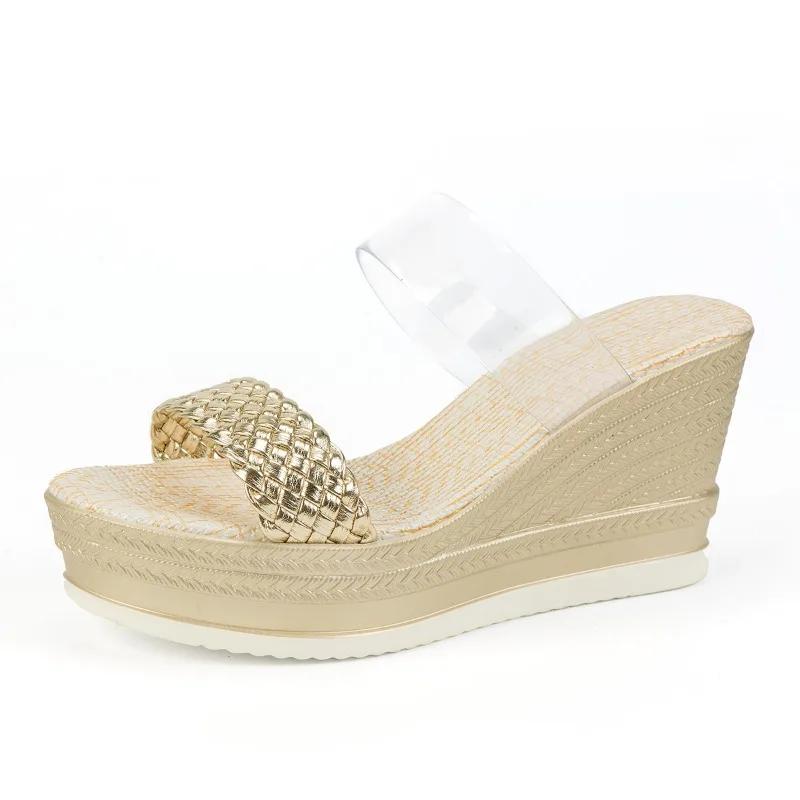 Летняя женская обувь 2024 года, высококачественные однотонные женские тапочки, модная танкетка на очень высоком каблуке, женская пляжная обувь большого размера