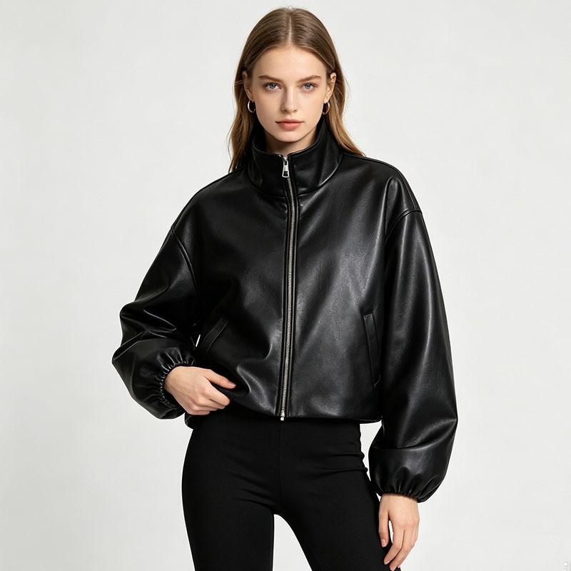 Womens Black Faux Leather Zip-Up Turtleneck Jacket Lightweight Outerwear Casual Chic Coat