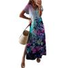 Summer Extra Long Dress Casual V-Neck Long Sleeve Bohemian Peacock Print Floral Dress