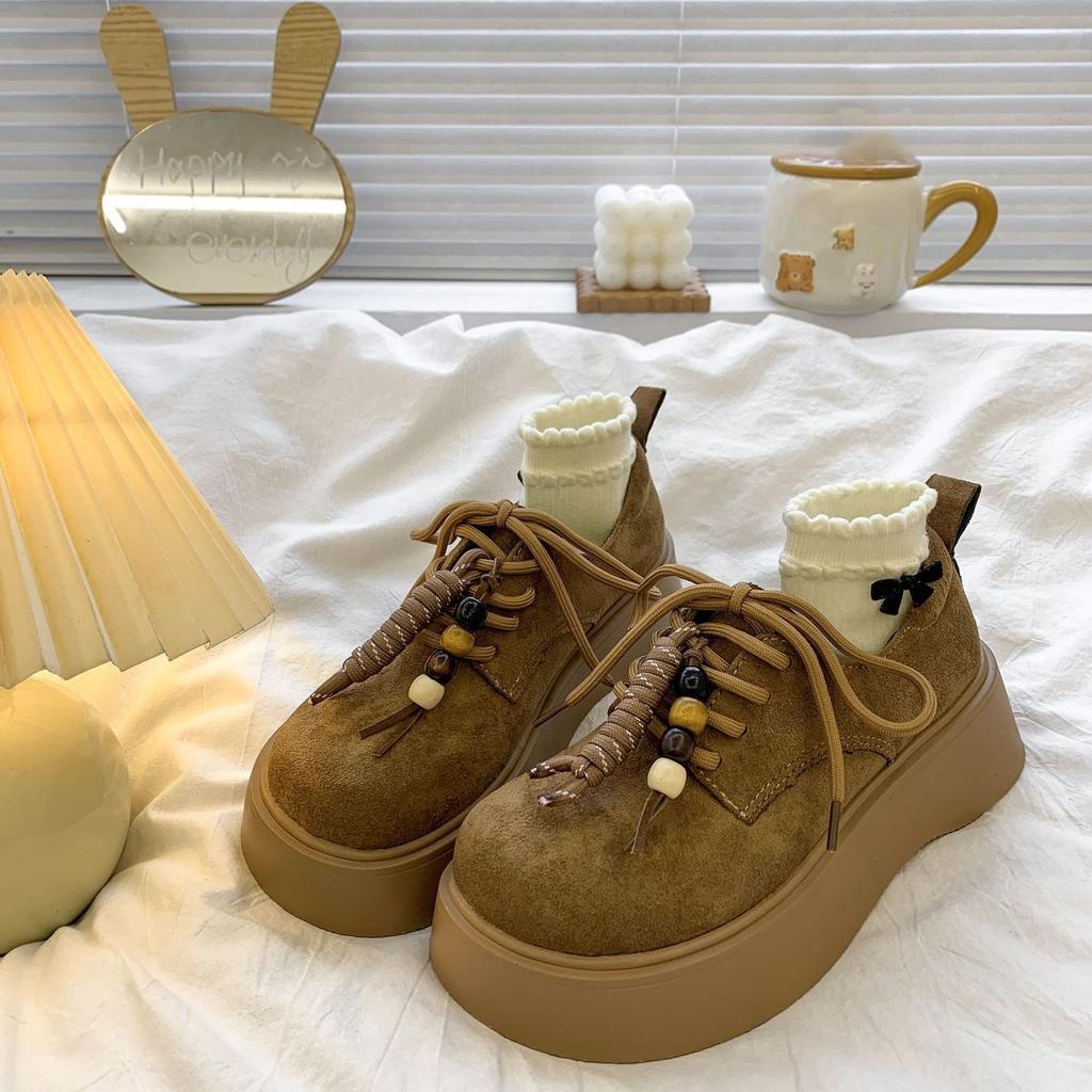 Fashion Lace-up Women's Loafers, Muffin Soles, Retro Round Head Thick Soles, Not Tired Feet, Single Shoes 2025 Autumn and Winter New Models