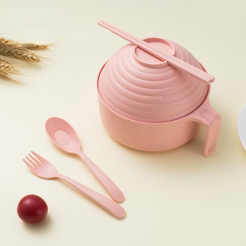 Wheat Straw Multifunctional with Lid Bowl Spoon Fork Chopsticks Eating Dinnerware Set Anti-hot Bowl Microwavable Bowl
