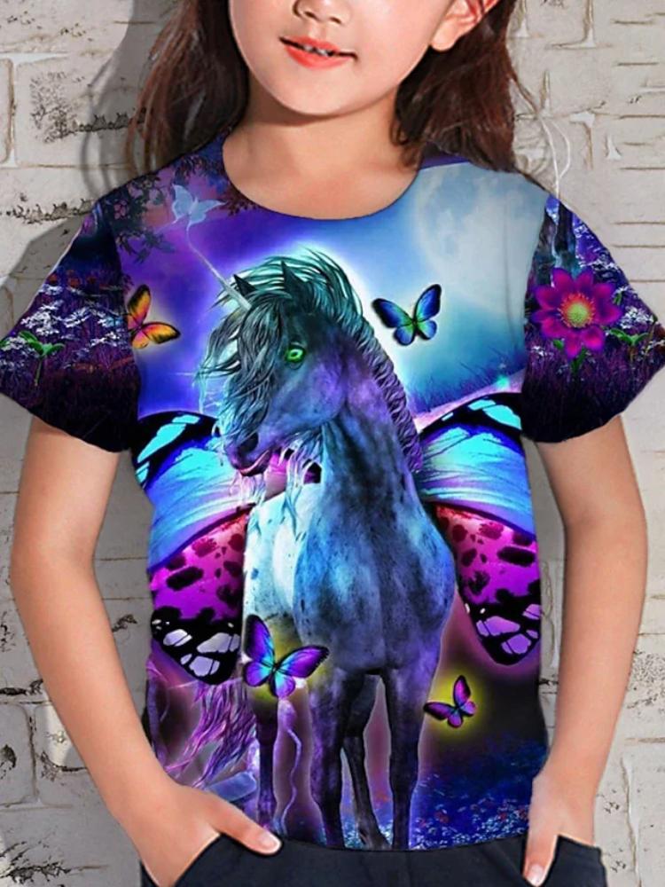 Девочки Животные Единорог Футболка С короткими рукавами 3D принт Лето Весна Активный Мода Милый стиль Полиэстер Дети На открытом воздухе Повседневные В помещении Обычный
