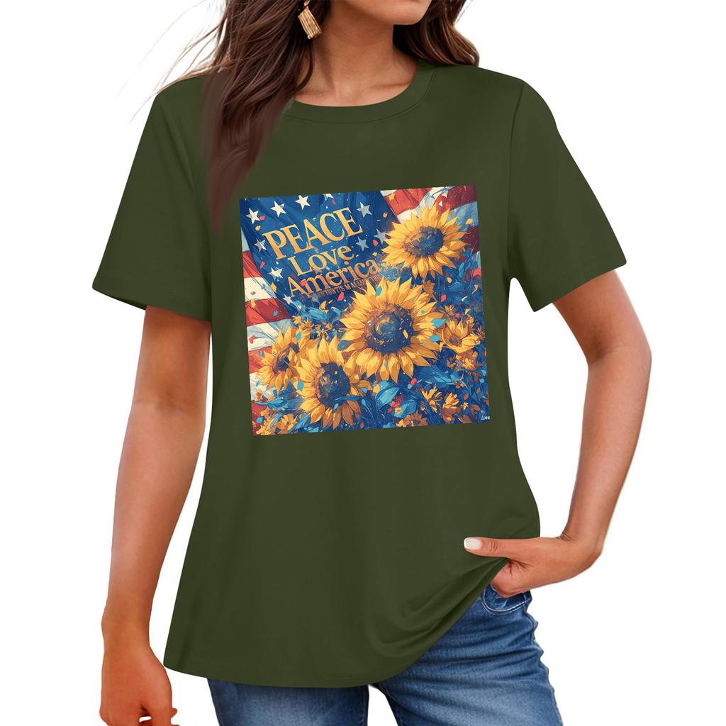 Women's Round Neck Casual Independence Day Printed Short Sleeve T-Shirt Top