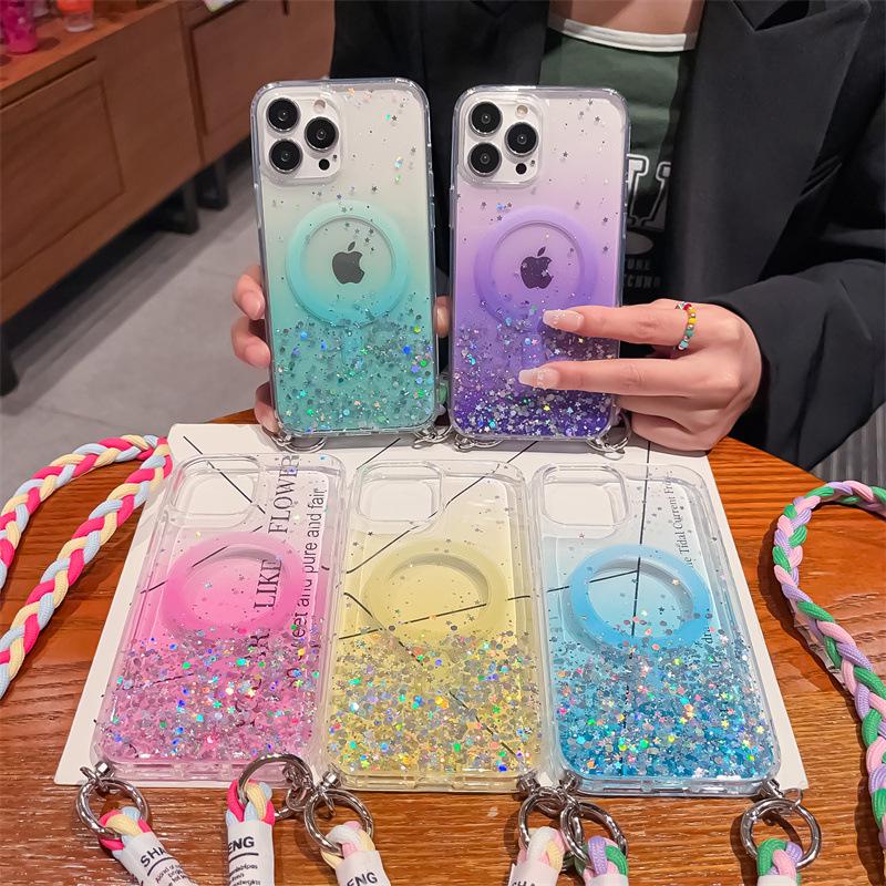 Градиентный силиконовый чехол с магнитной защитой от падений для iPhone 14 Pro Max/13/12/11/8P, в комплекте косая цепочка для подвешивания