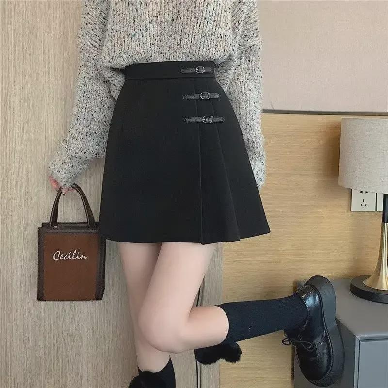 Women's Black Wool Skirt: A-Line Pleated, High-Waist, Short - Autumn/Winter 2024