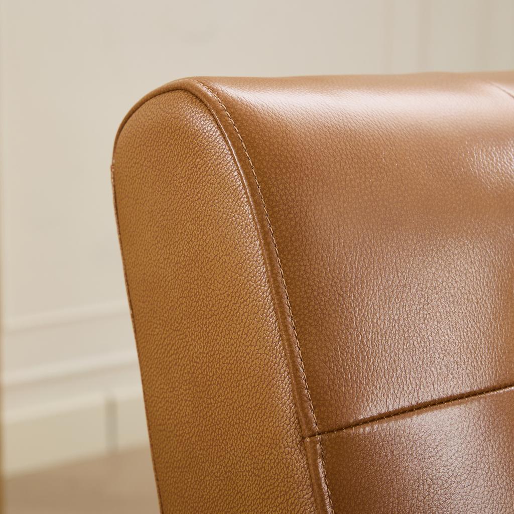 Genuine Leather Lounge Chair with Walnut-Colored Armrests & Rubberwood Legs – Comfortable Living Room Chair in Light Brown