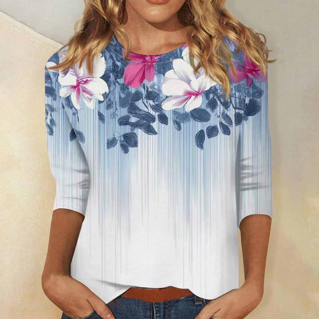 Женская модная повседневная свободная футболка с круглым вырезом и рукавами 3/4 с принтом, женский топ