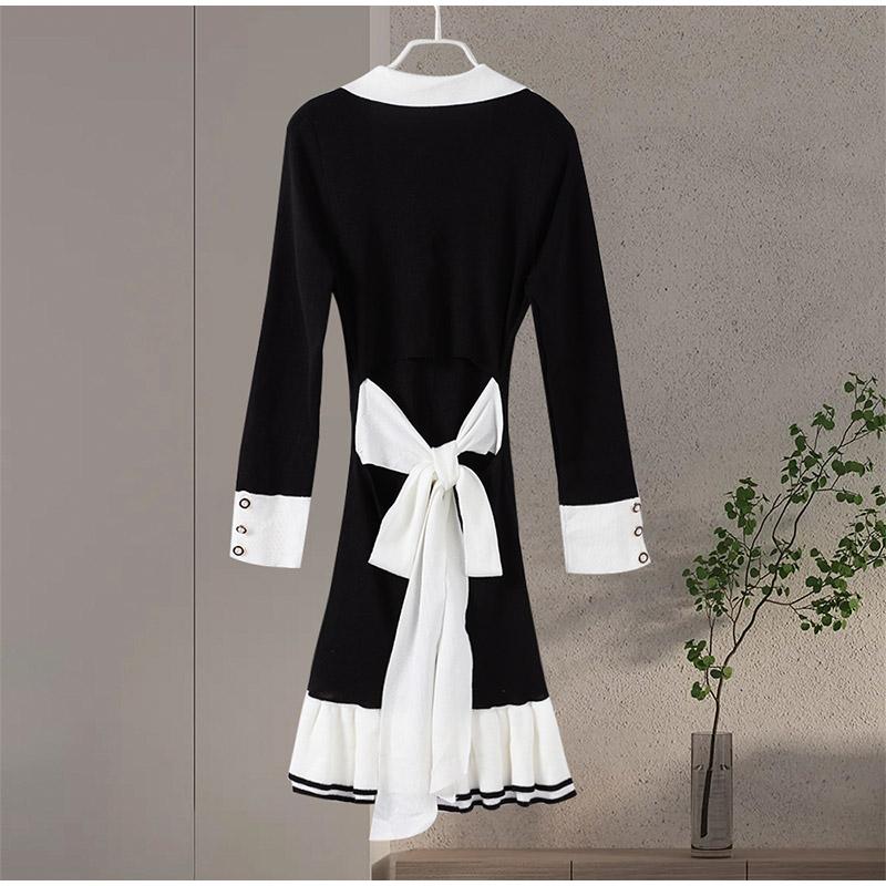 Элегантное трикотажное мини-платье с оборками, женское пэчворк, длинный рукав, V-образный вырез, бант, открытая спина, однобортное платье, женское вечернее платье