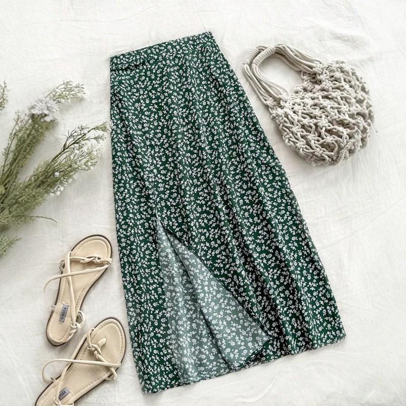 Womens Midi Skirt Floral Print Split High Waist Elastic Slim Vintage Style Umbrella