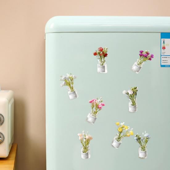 Набор из 8 магнитных наклеек на холодильник, мини-ваза, 3D-дизайн, наклейка на холодильник с искусственными цветами, светящаяся в темноте, декор для кухни, офиса