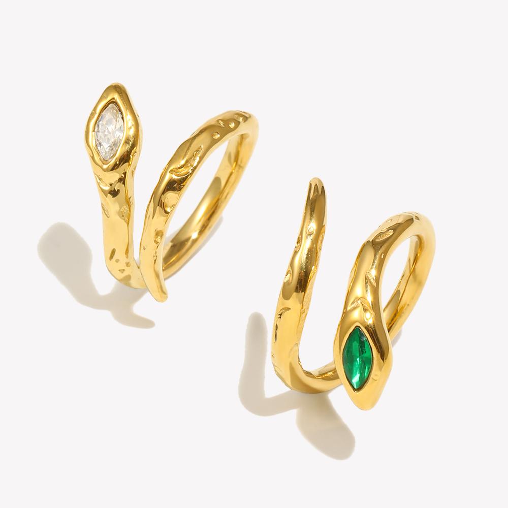 E.B.belle Hypoallergenic Green Clear Cubic Zirconia 18K Gold Plated Stainless Steel Snake Ring Women's Waterproof Titanium Ring