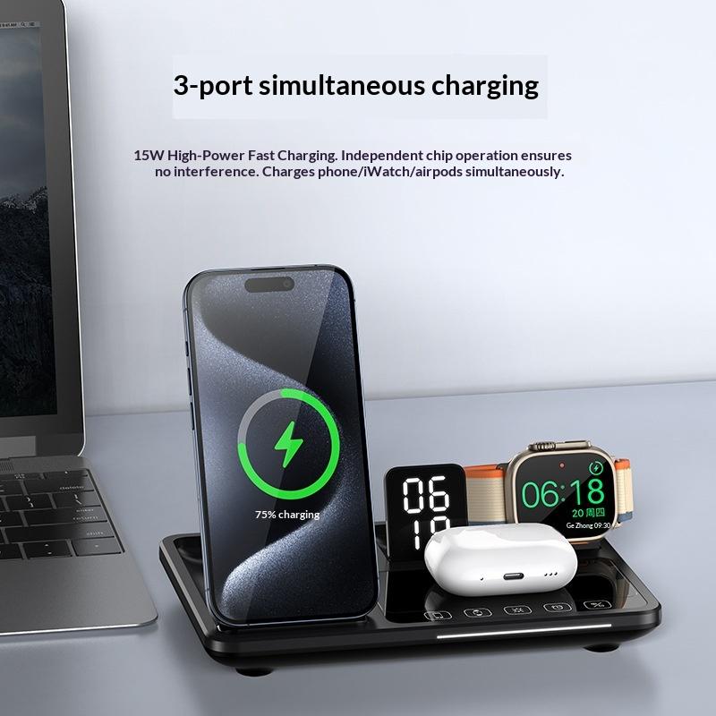 New 15W Wireless Charger Four-in-one Fast Charging Stand Clock Foldable Automatic Lifting for Mobile Phones Headphones Watches