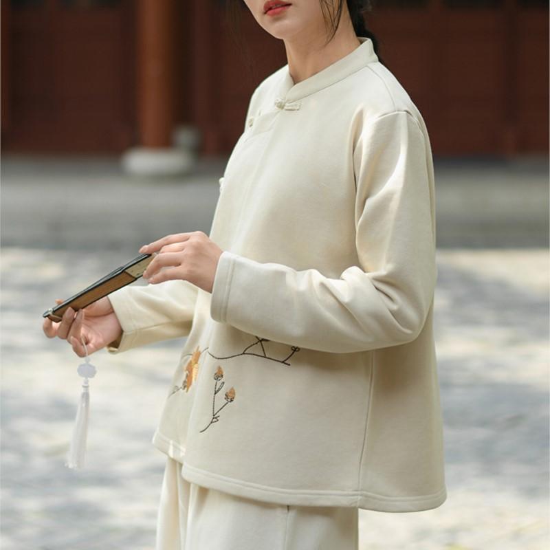 Johnature Женская вышитая цветочная стойка толстовки с длинным рукавом в китайском стиле ткани осенний однотонный пуловер толстовка