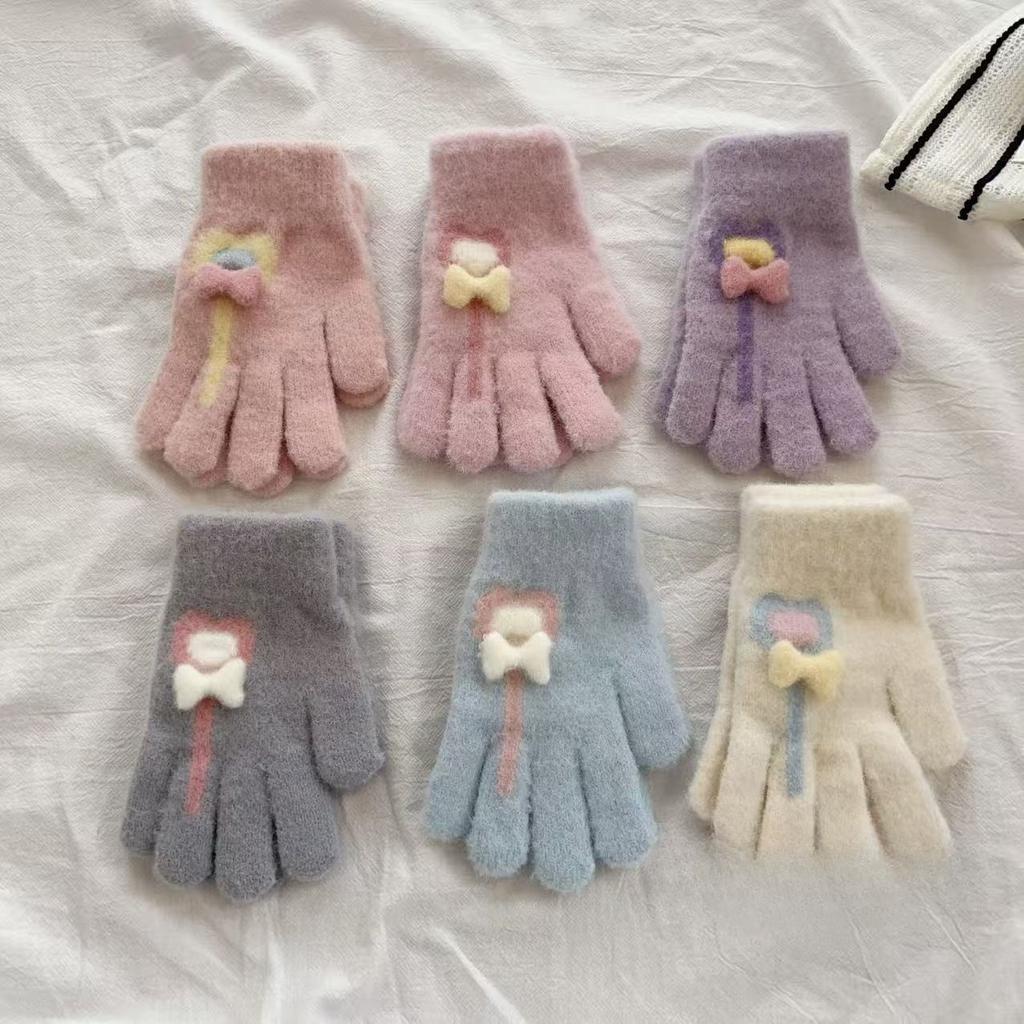 Children's Gloves Autumn and Winter Warm Love Lollipop Five Finger Gloves for Girls with Velvet and Thickening